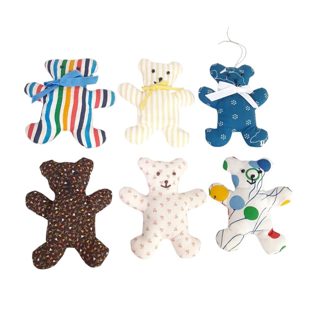 Vintage 80s Handmade Mini Flat Teddy Bears Plush 6 pc Hand Sewn Crafty Ornaments